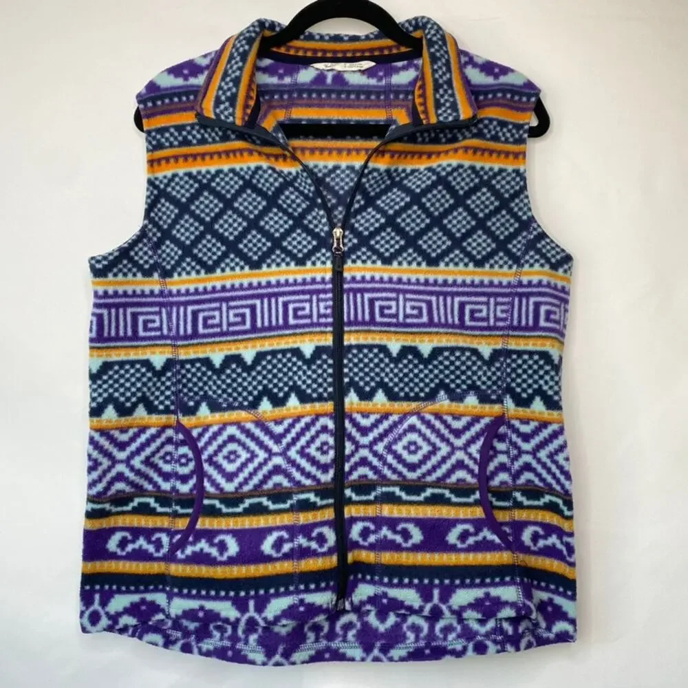 Woolrich Purple Geometric Aztec Vintage Pattern Fleece Full Zip Vest Size Medium - Picture 9 of 9